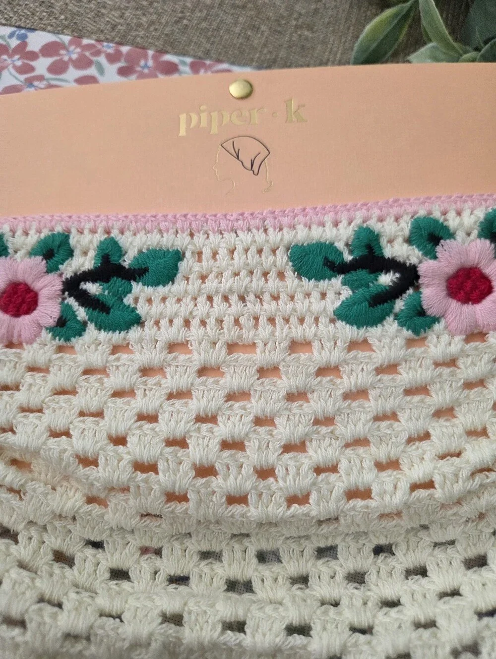 Piper Mulberry Crochet Floral Cream and Pink Bandana Scarf